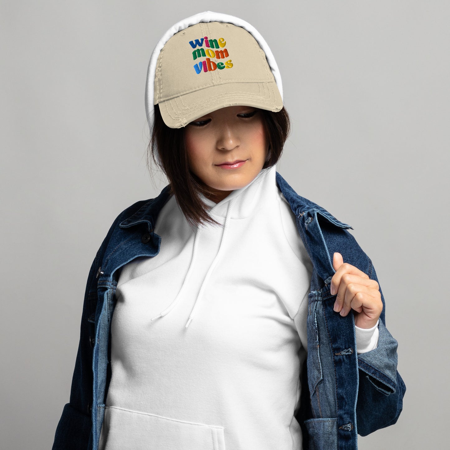 Wine Mom Vibes | Distressed Embroidered Cap for Gifts for Moms, Birthday Gift for Mom, Adjustable Baseball Hat