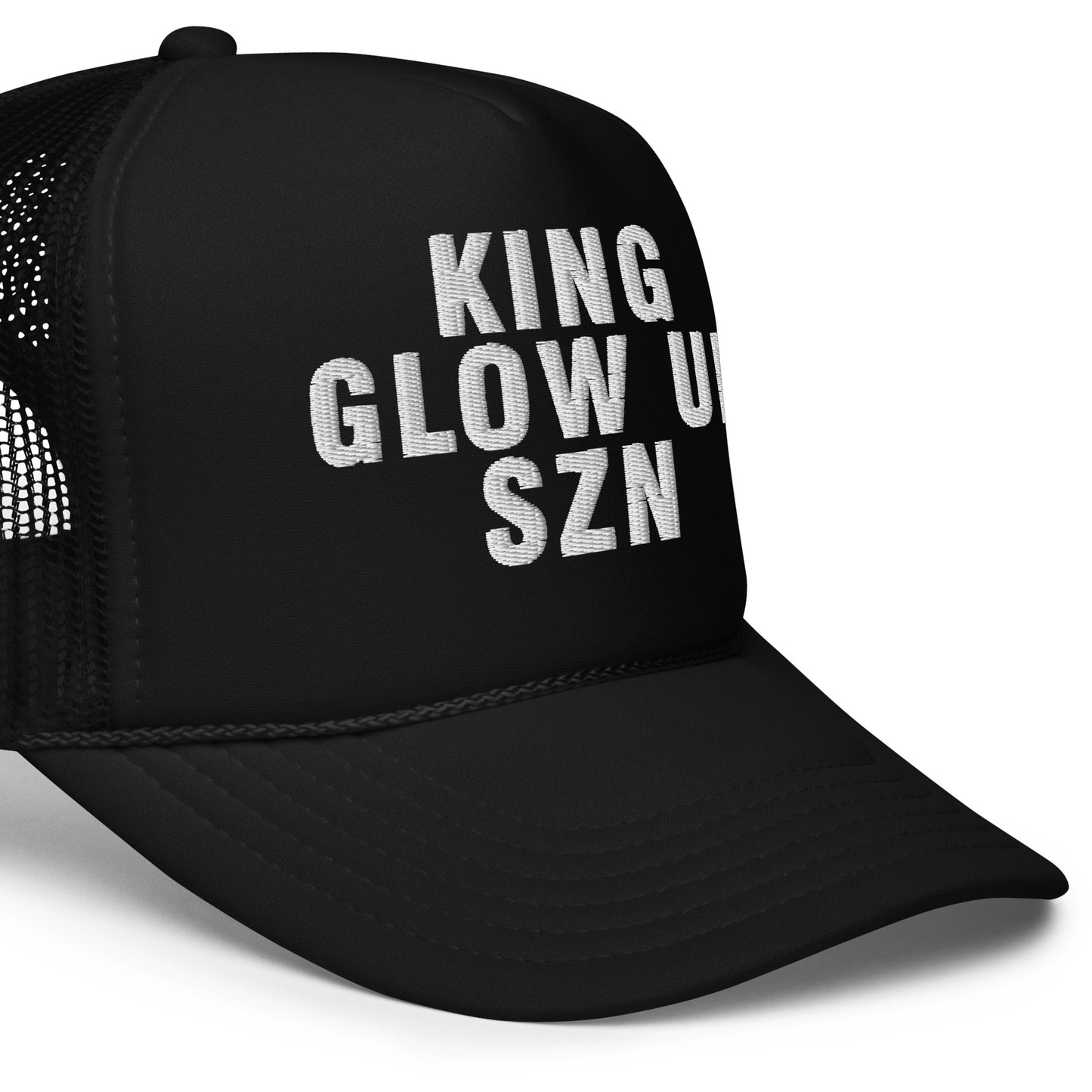 King Glow Up Season | Funny and Trendy Foam Trucker Hat - Black/Navy, Adjustable, Snap Enclosure