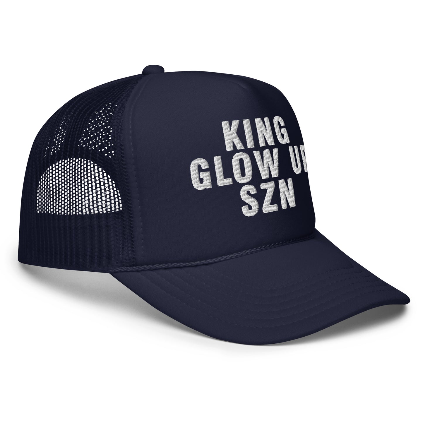 King Glow Up Season | Funny and Trendy Foam Trucker Hat - Black/Navy, Adjustable, Snap Enclosure
