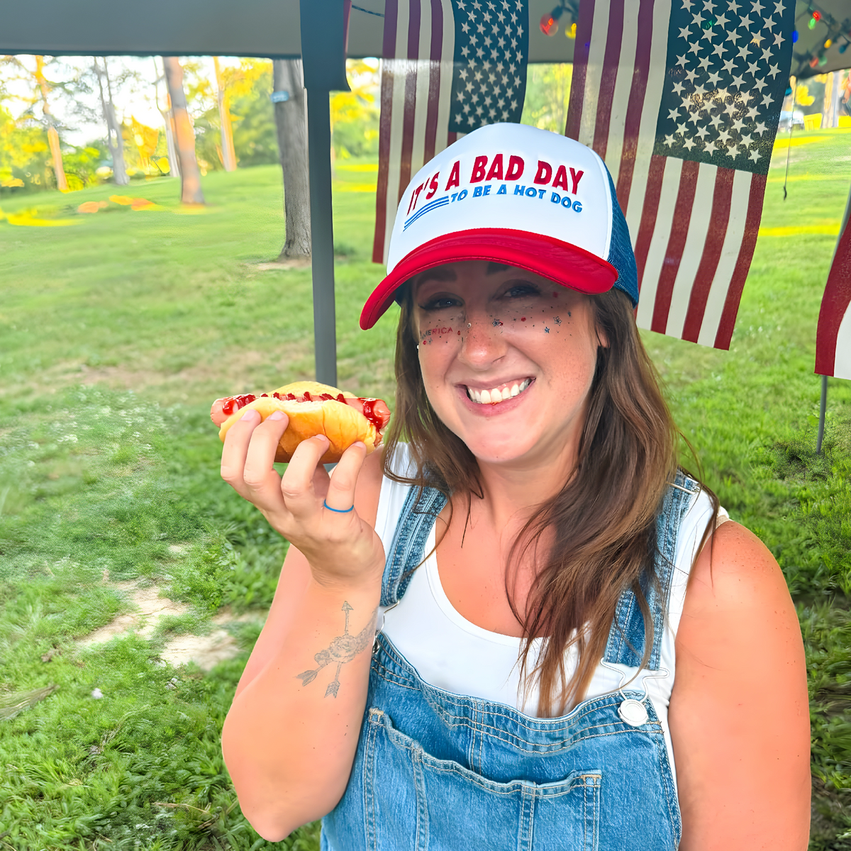It's a Bad Day to Be a Hot Dog | Casual, Funny, Trendy, Cute, and Stylish Adjustable Foam Trucker Hat | Hot Dog Lovers, Embroidered, Snapback Cap One Size Fits Most