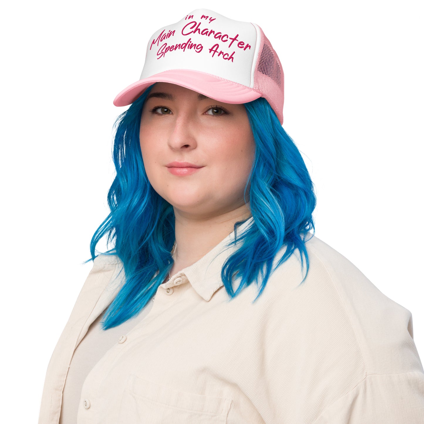 Main Character Spending Arch | Funny, Casual, and Cute Adjustable and Embroidered Foam Trucker Hat | White & Pink Colors