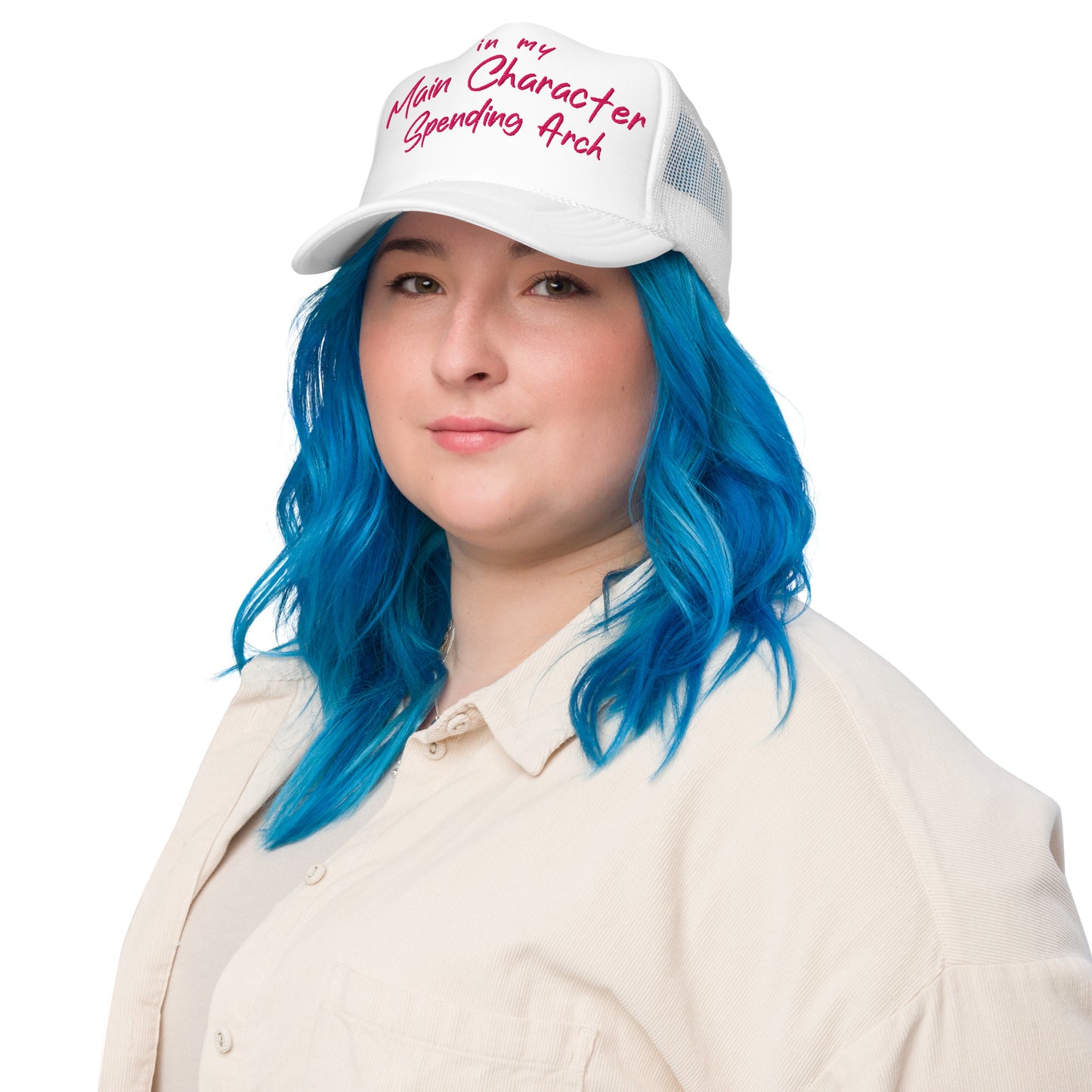 Main Character Spending Arch | Funny, Casual, and Cute Adjustable and Embroidered Foam Trucker Hat | White & Pink Colors
